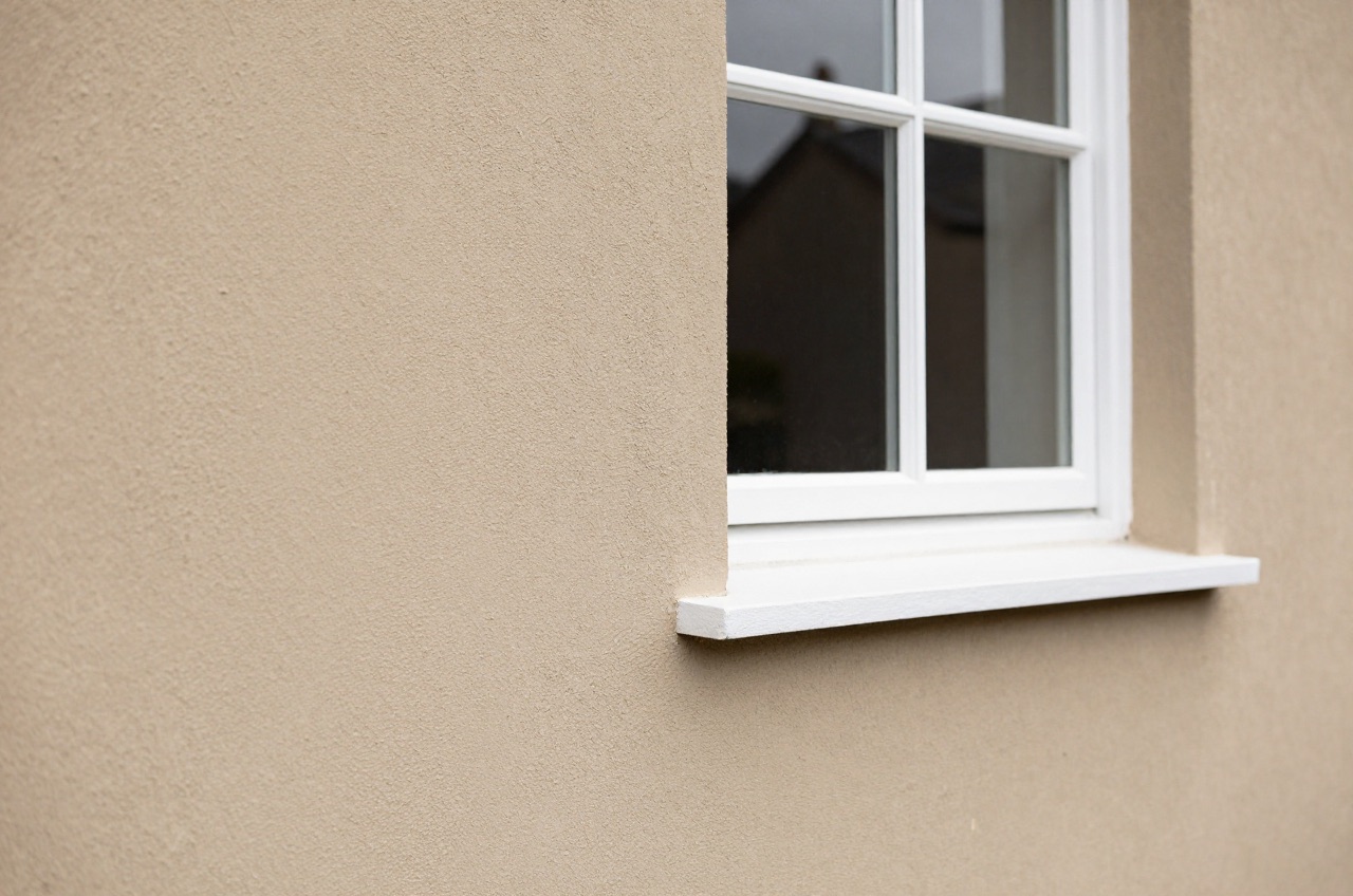 Close-up of a sand-cement rendered wall with a traditional sash window.