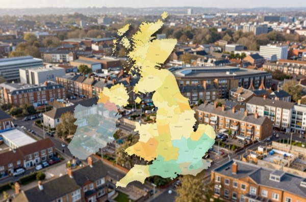 Aerial map of a UK city with colour-coded renovation cost regions.