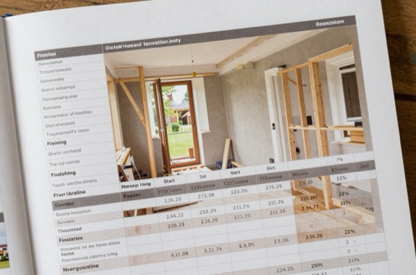 Spreadsheet-style renovation schedule with task details and progress tracking.