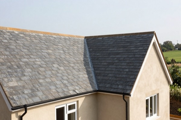 A traditional UK home with a slate roof, surrounded by greenery.