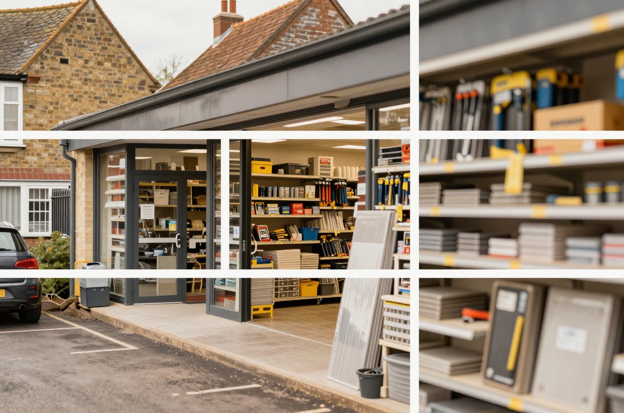 Exterior and interior views of a home renovation supply store.