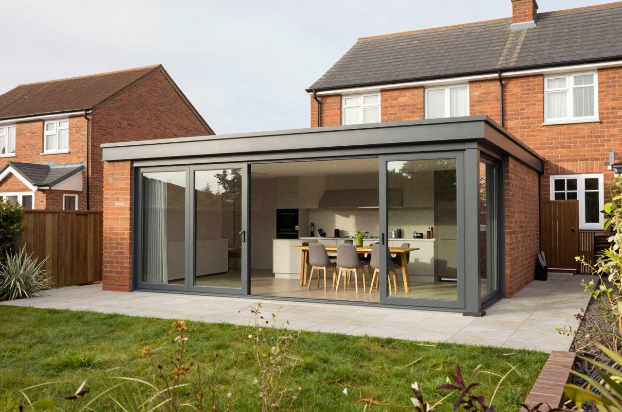 Modern single-storey extension with glass doors, contemporary kitchen, and paved patio.