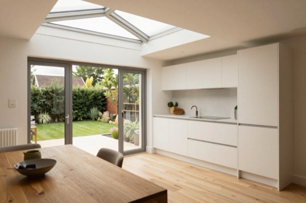 Single-storey extension with a bright kitchen and dining area, opening to a garden.