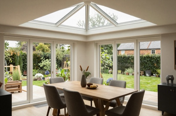 Dining room with a roof lantern and large windows overlooking a garden.