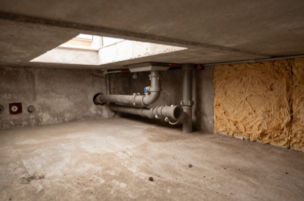 Cross-sectional view of soil and waste pipes in a residential basement.