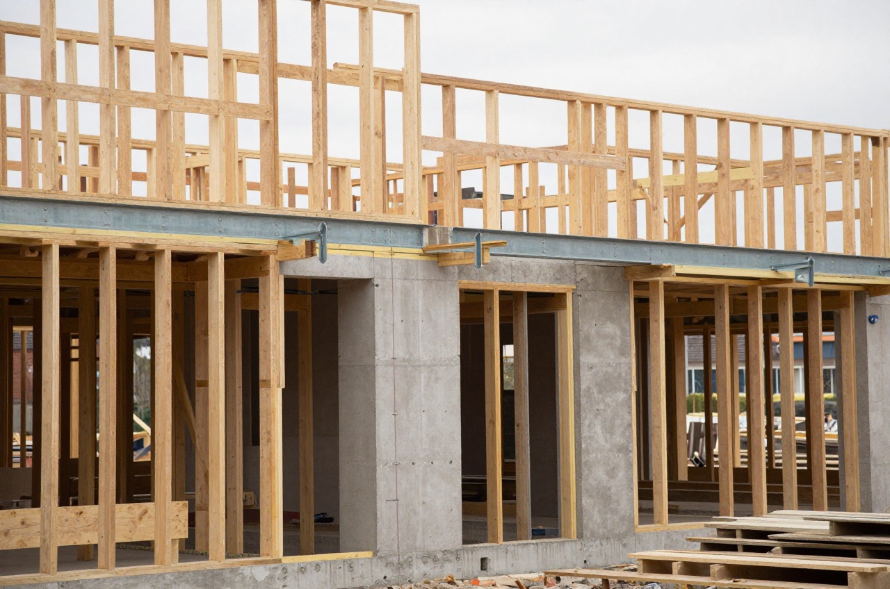 Residential building under construction with visible timber framing, steel beams, and concrete foundations.