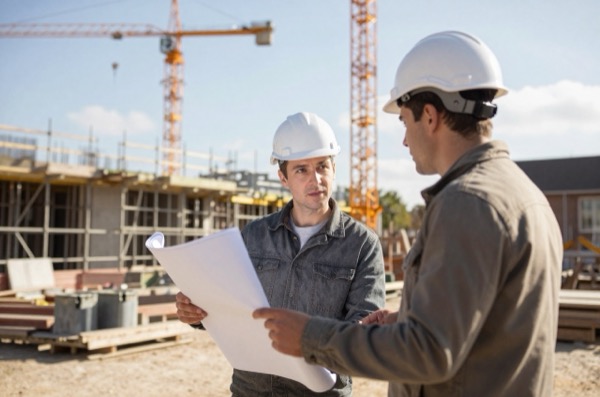 Two professionals in hard hats discussing blueprints on a construction site.