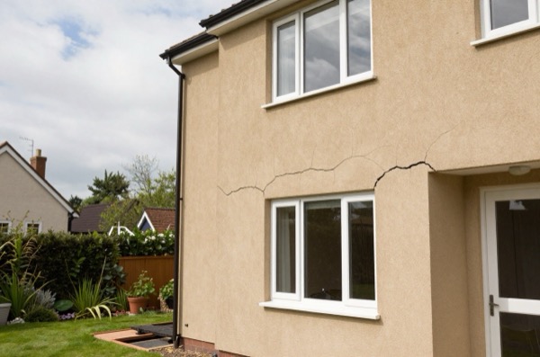 Exterior view of a home with visible subsidence cracks.