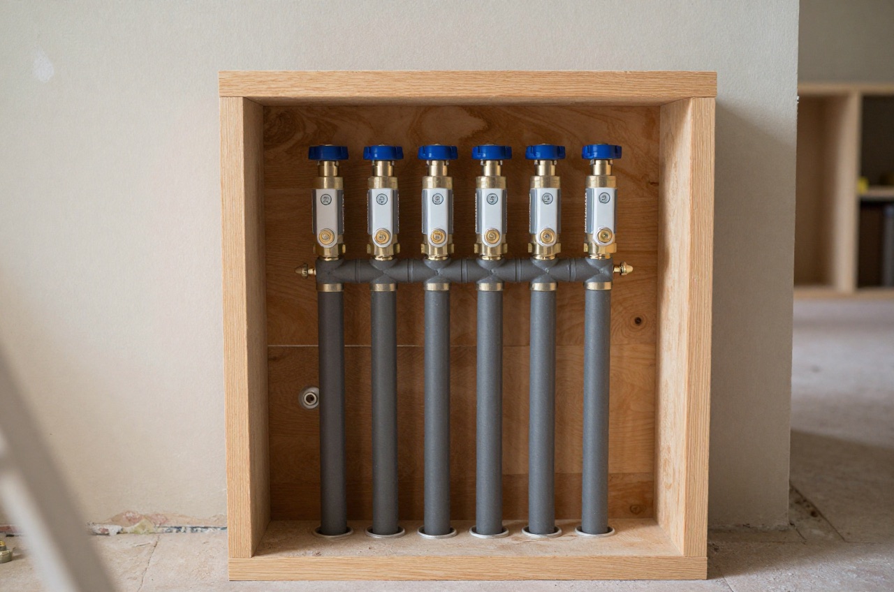 Underfloor heating manifold with labeled pipes and control valves in a rustic interior.