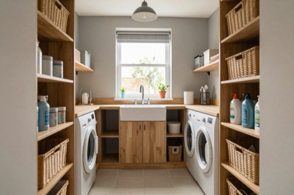 Utility room with sink, washing machines, and open shelving, in neutral tones and natural light.