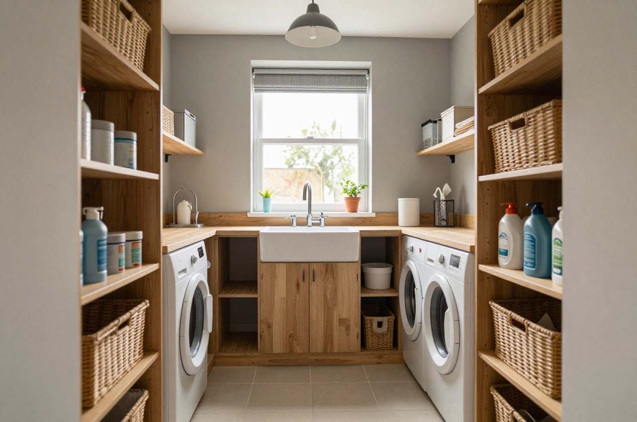 Utility room with sink, washing machines, and open shelving, in neutral tones and natural light.