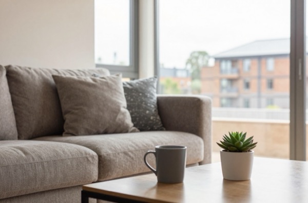 A cozy living room corner with a sofa, coffee mug, and plant, emphasizing natural light and window design.