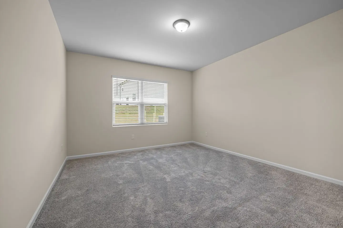 Bright and empty room with carpet flooring and large window, perfect for home staging.