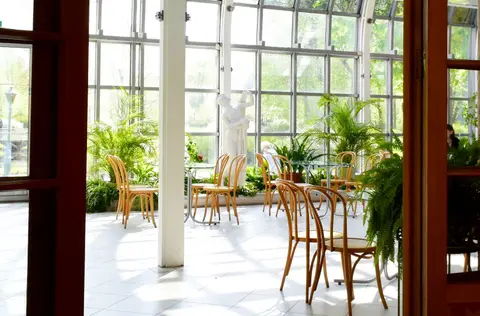 Bright and elegant conservatory interior featuring wooden chairs, plants, and sculptures with abundant natural light.