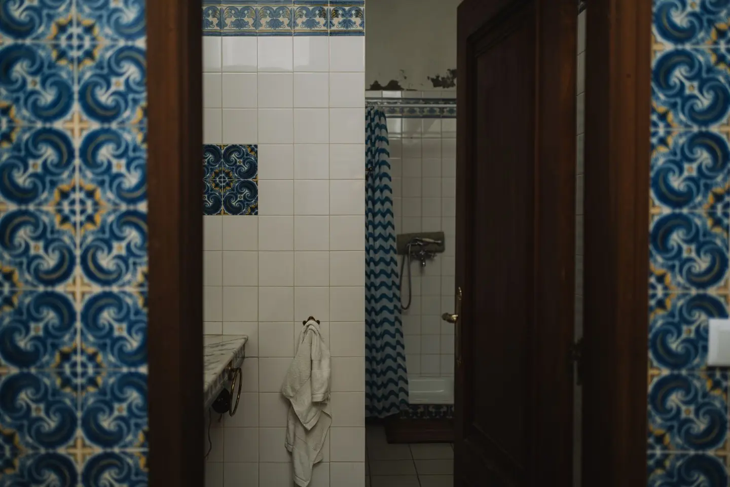 Bathroom with vintage blue tile design and shower, offering a classic feel.