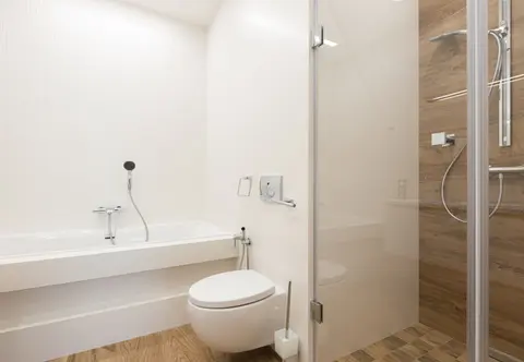 Shower cabin with glass door and ceramic bathtub and toilet bowl in spacious light bathroom with wooden floor
