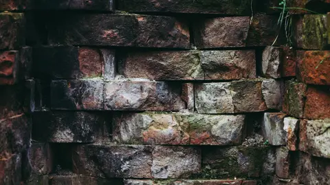 Close-up of a rustic, moss-covered brick wall showcasing weathered textures and patterns.