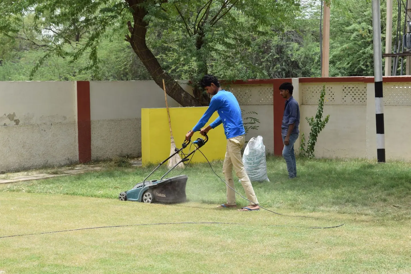 Young men working together on lawn maintenance with a mower in a sunny garden setting.