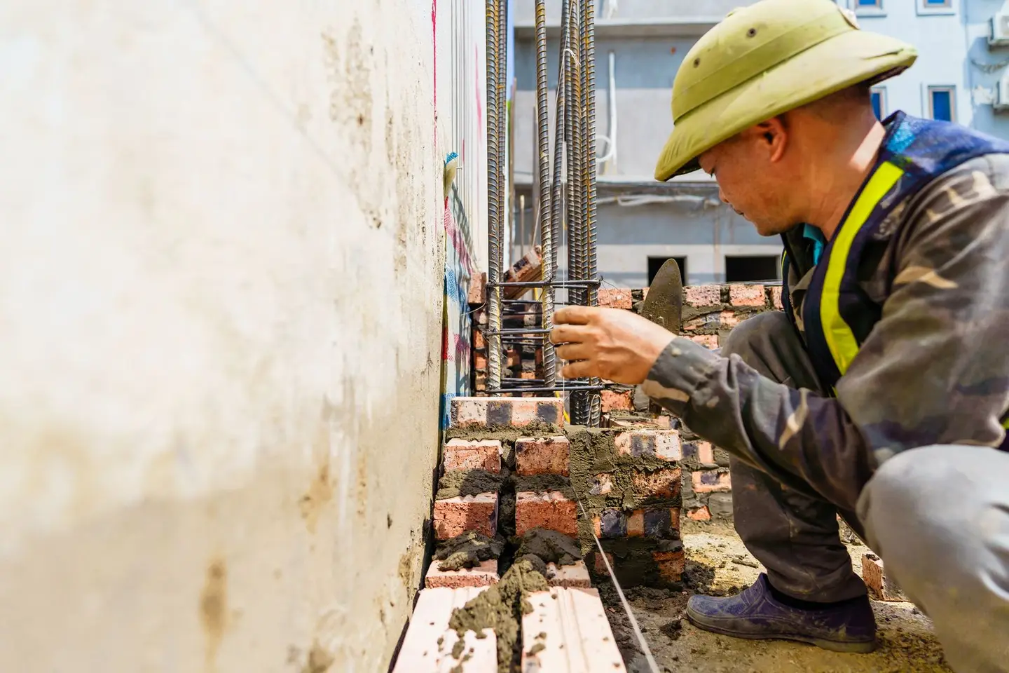 Construction worker aligning bricks on site in Hải Phòng, Vietnam, illustrating craftsmanship and dedication.