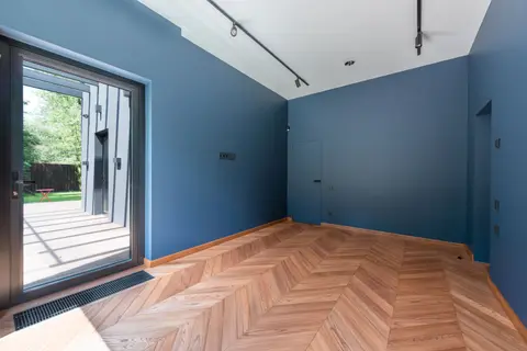 Contemporary interior room with blue walls, wooden flooring, and large glass door.