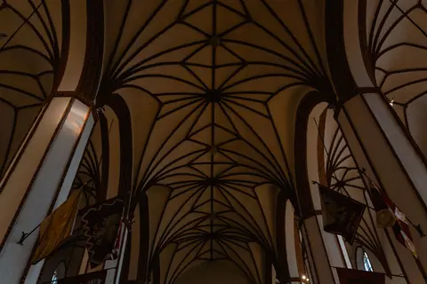 Intricate vaulted ceiling of a historic Gothic cathedral interior, showcasing architectural design.