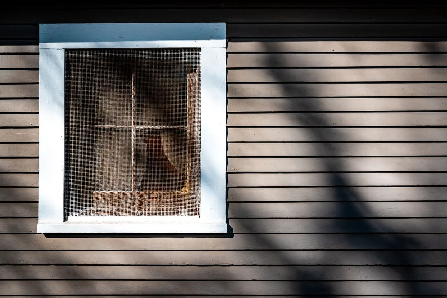 A rustic wooden house exterior showcasing a window with a mosquito net casting shadows in sunlight.